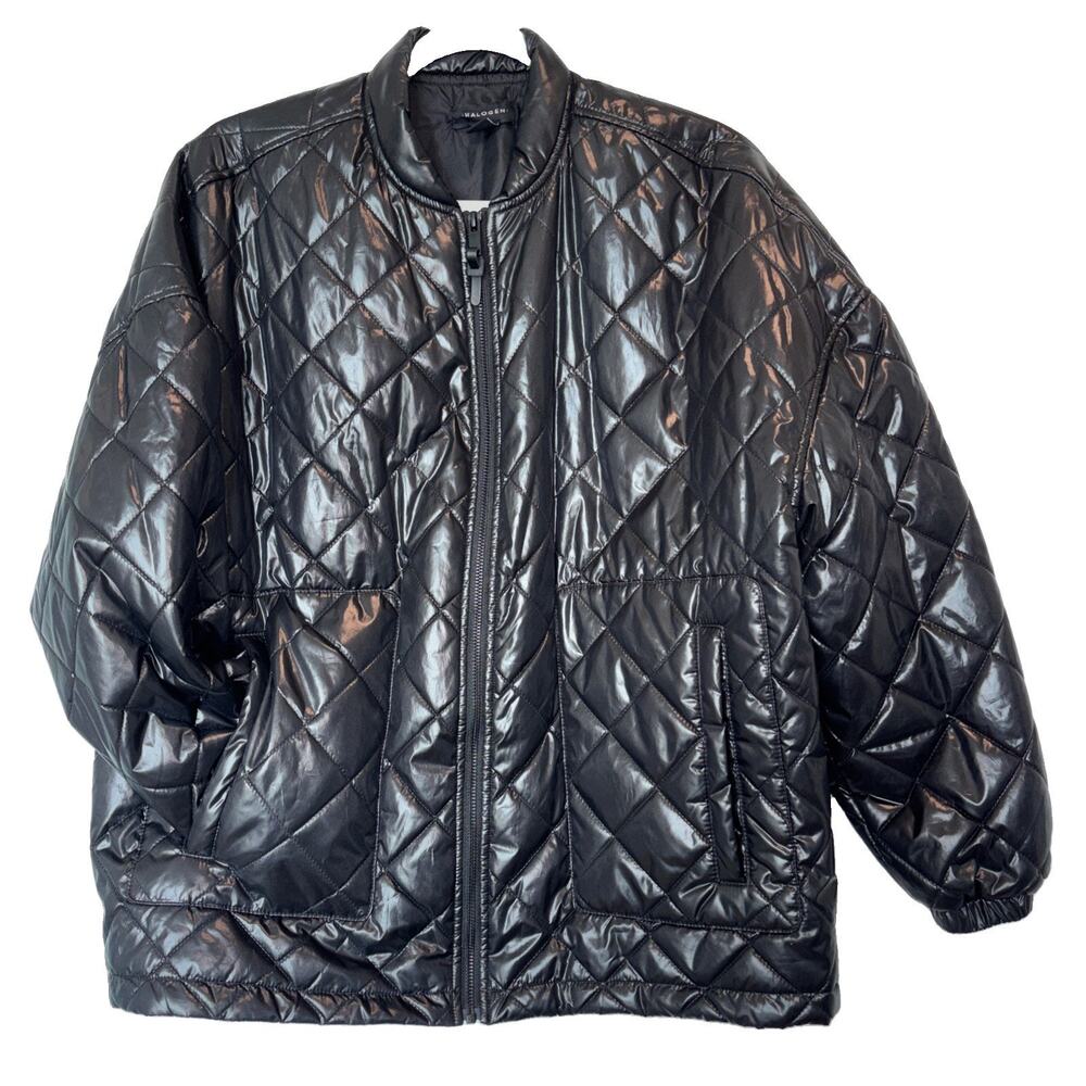 Quilted Jacket Puffer Halogen Women's S Black Shiny Oversize Full Zip Pockets
